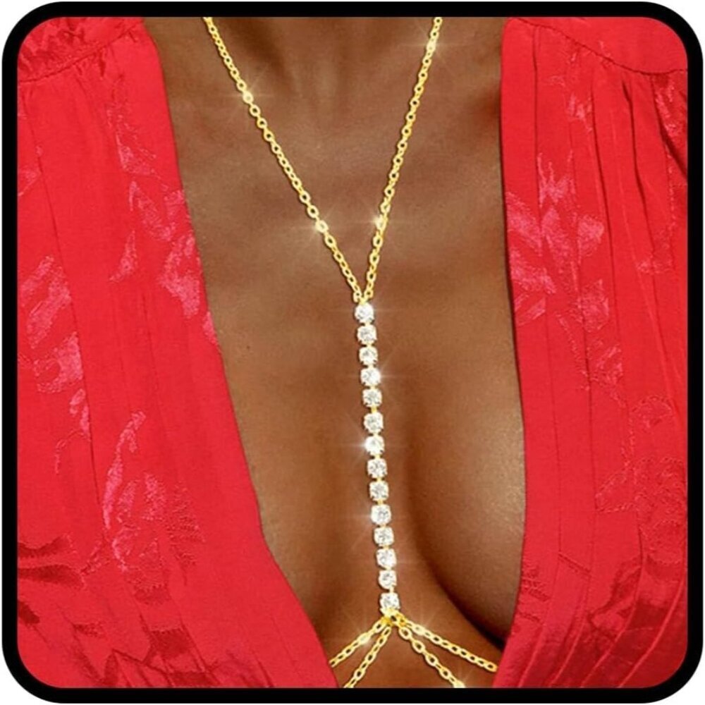 🆕Women's Gold Alloy Layered Rhinestone Beach Sexy Body Belly Chain Jewelry